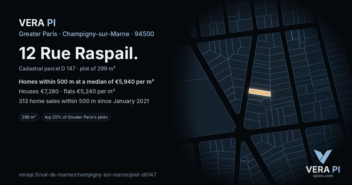 12 Rue Raspail, Champigny-sur-Marne at night – the plot lit, the parcels around coloured by the prices near them