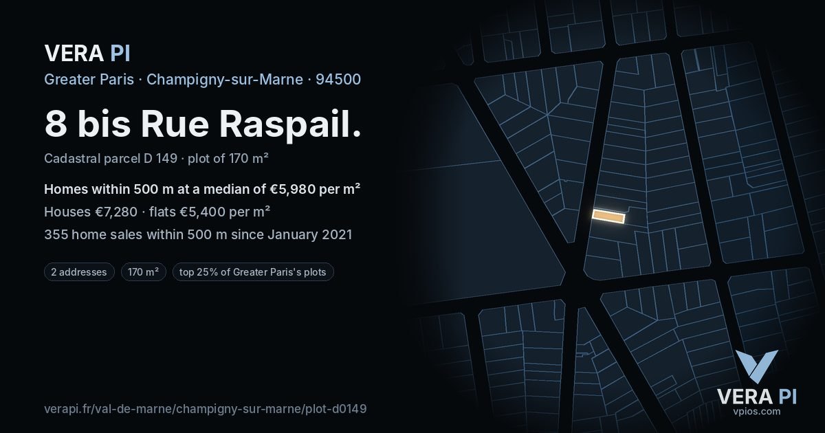 8 bis Rue Raspail, Champigny-sur-Marne at night – the plot lit, the parcels around coloured by the prices near them