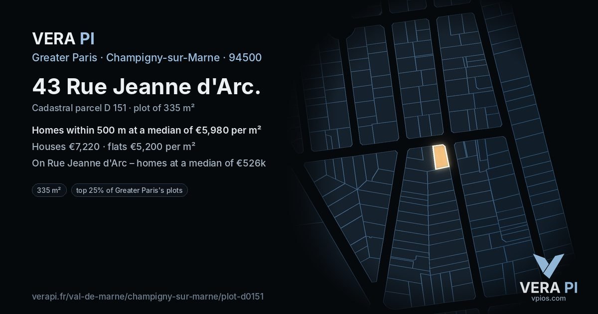 43 Rue Jeanne d'Arc, Champigny-sur-Marne at night – the plot lit, the parcels around coloured by the prices near them