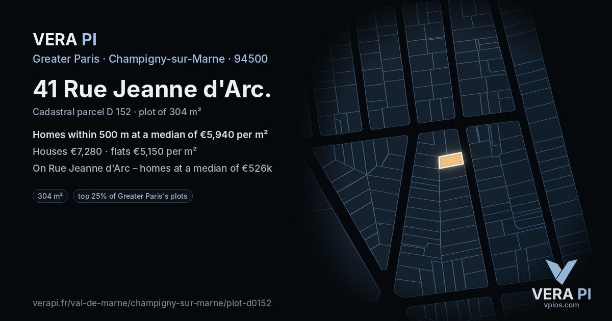 41 Rue Jeanne d'Arc, Champigny-sur-Marne at night – the plot lit, the parcels around coloured by the prices near them