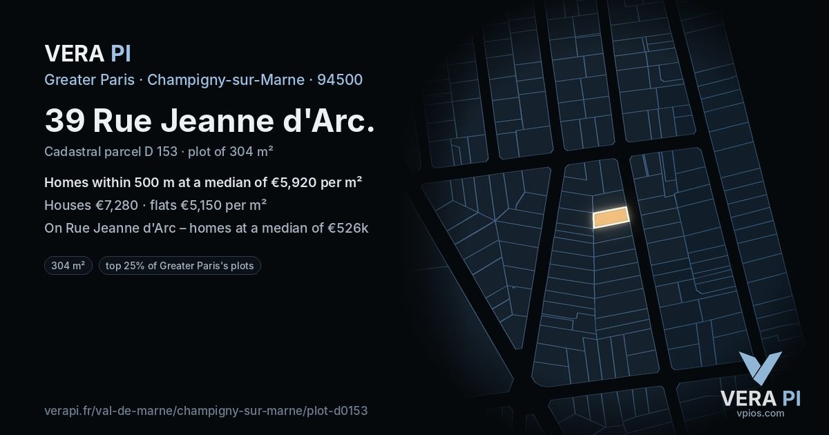 39 Rue Jeanne d'Arc, Champigny-sur-Marne at night – the plot lit, the parcels around coloured by the prices near them