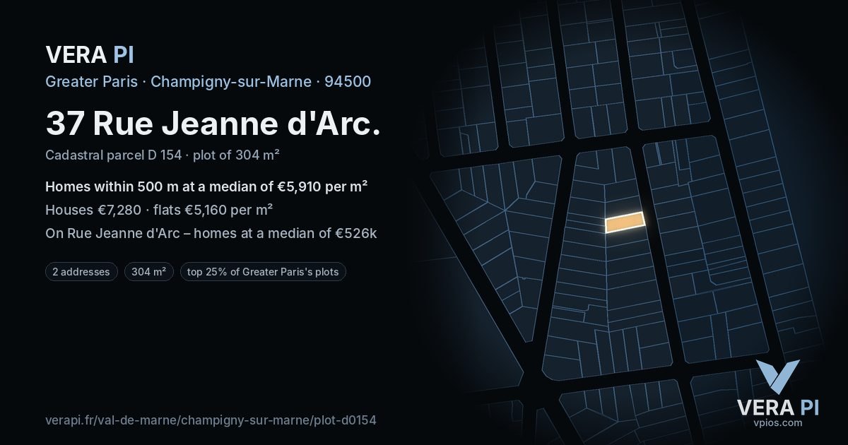 37 Rue Jeanne d'Arc, Champigny-sur-Marne at night – the plot lit, the parcels around coloured by the prices near them