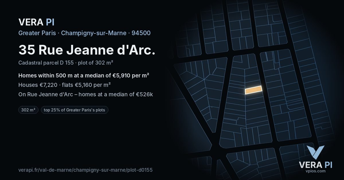 35 Rue Jeanne d'Arc, Champigny-sur-Marne at night – the plot lit, the parcels around coloured by the prices near them