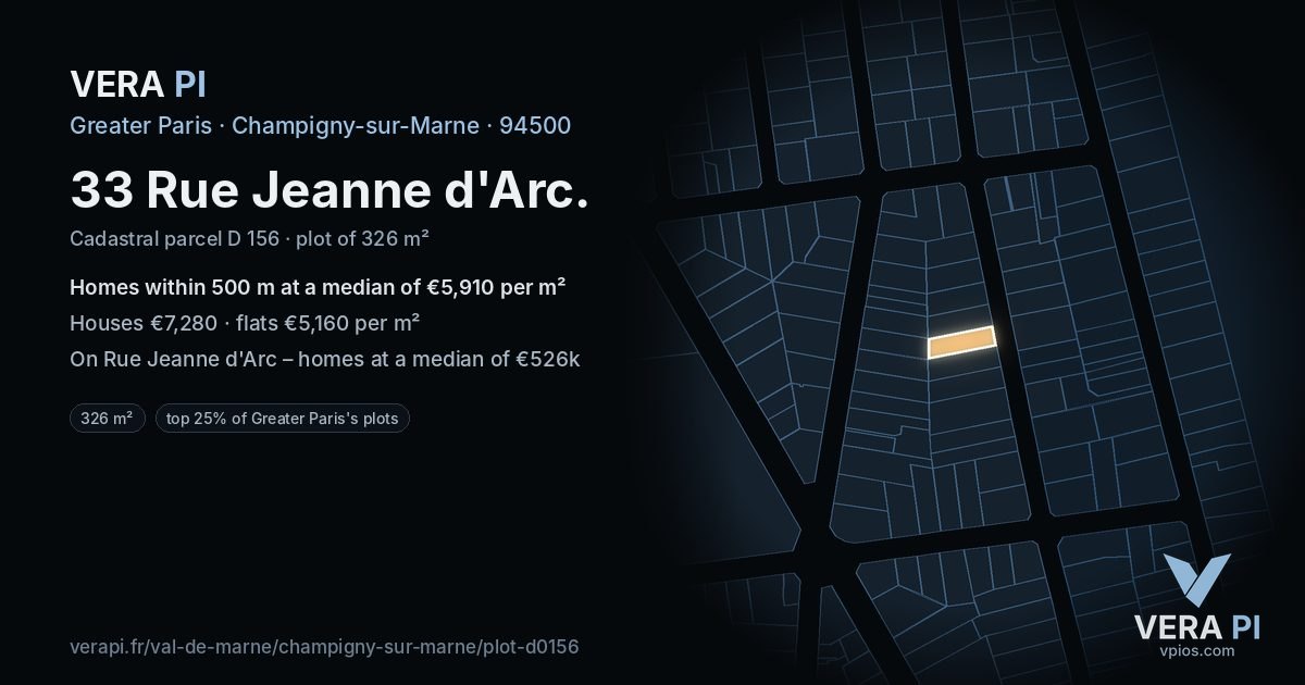 33 Rue Jeanne d'Arc, Champigny-sur-Marne at night – the plot lit, the parcels around coloured by the prices near them