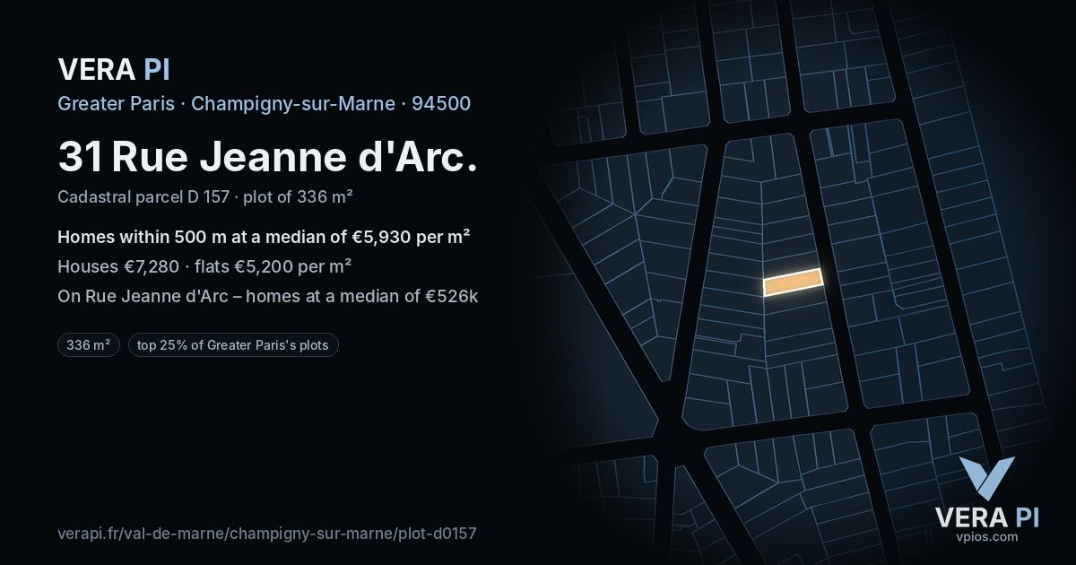 31 Rue Jeanne d'Arc, Champigny-sur-Marne at night – the plot lit, the parcels around coloured by the prices near them