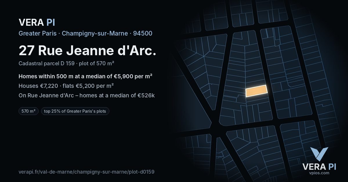 27 Rue Jeanne d'Arc, Champigny-sur-Marne at night – the plot lit, the parcels around coloured by the prices near them
