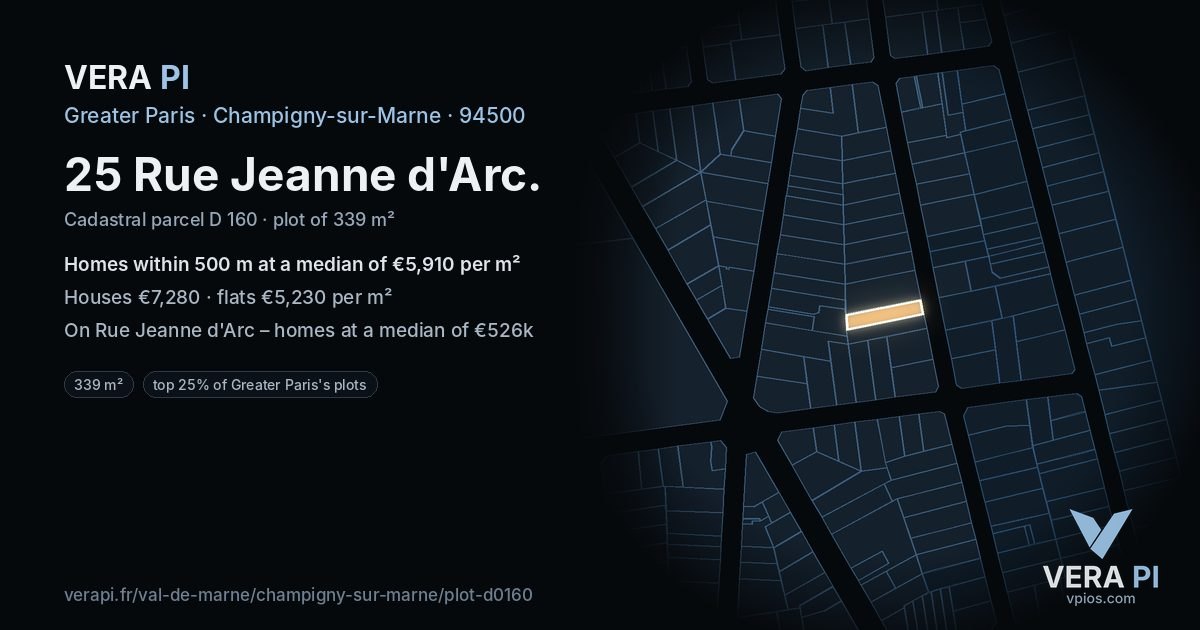 25 Rue Jeanne d'Arc, Champigny-sur-Marne at night – the plot lit, the parcels around coloured by the prices near them