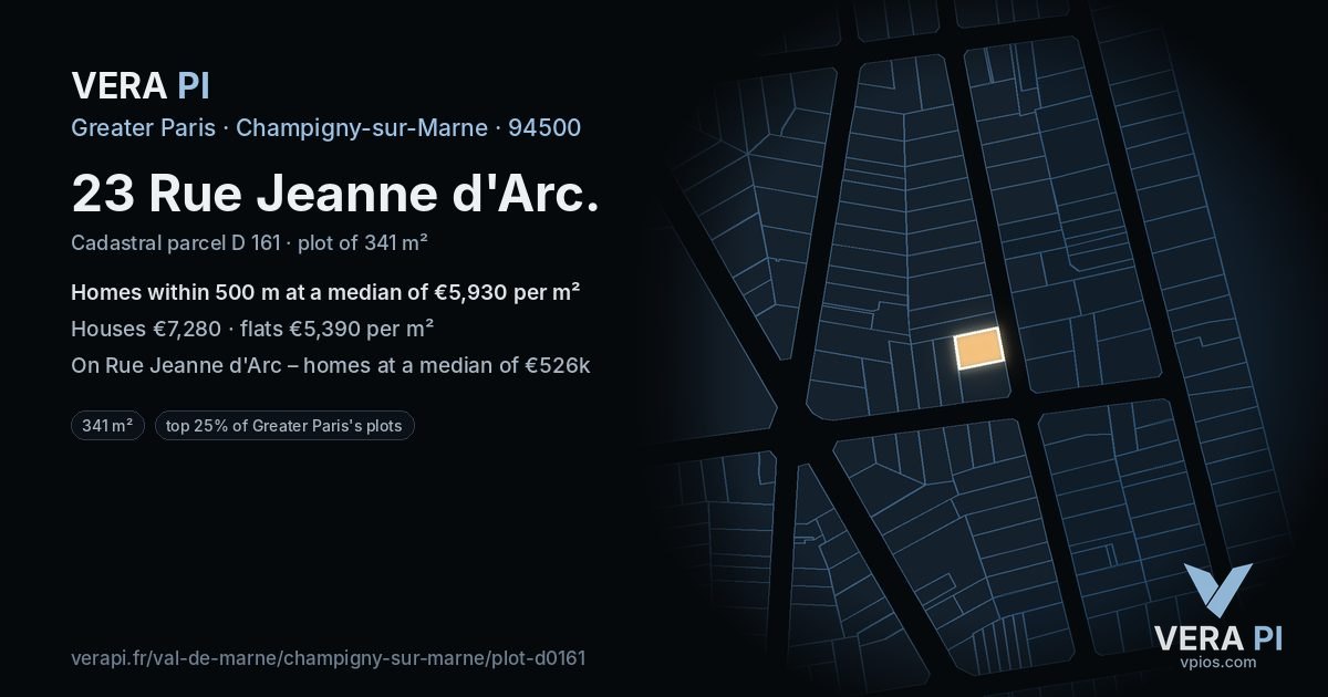 23 Rue Jeanne d'Arc, Champigny-sur-Marne at night – the plot lit, the parcels around coloured by the prices near them