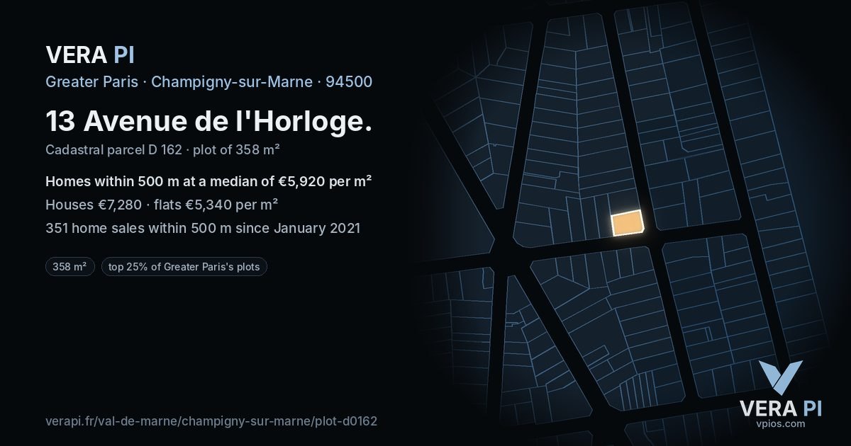 13 Avenue de l'Horloge, Champigny-sur-Marne at night – the plot lit, the parcels around coloured by the prices near them