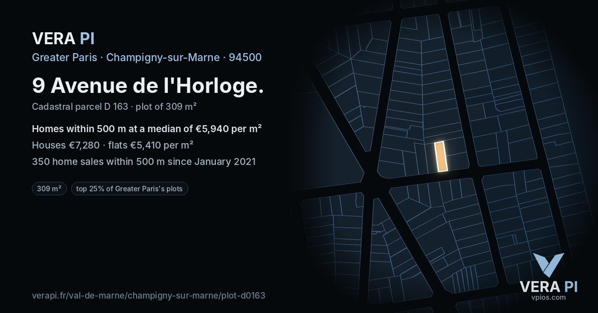 9 Avenue de l'Horloge, Champigny-sur-Marne at night – the plot lit, the parcels around coloured by the prices near them