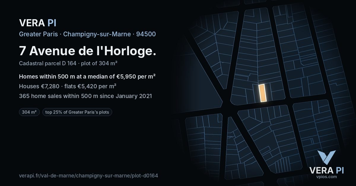 7 Avenue de l'Horloge, Champigny-sur-Marne at night – the plot lit, the parcels around coloured by the prices near them