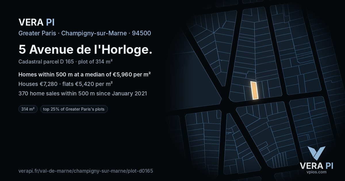 5 Avenue de l'Horloge, Champigny-sur-Marne at night – the plot lit, the parcels around coloured by the prices near them