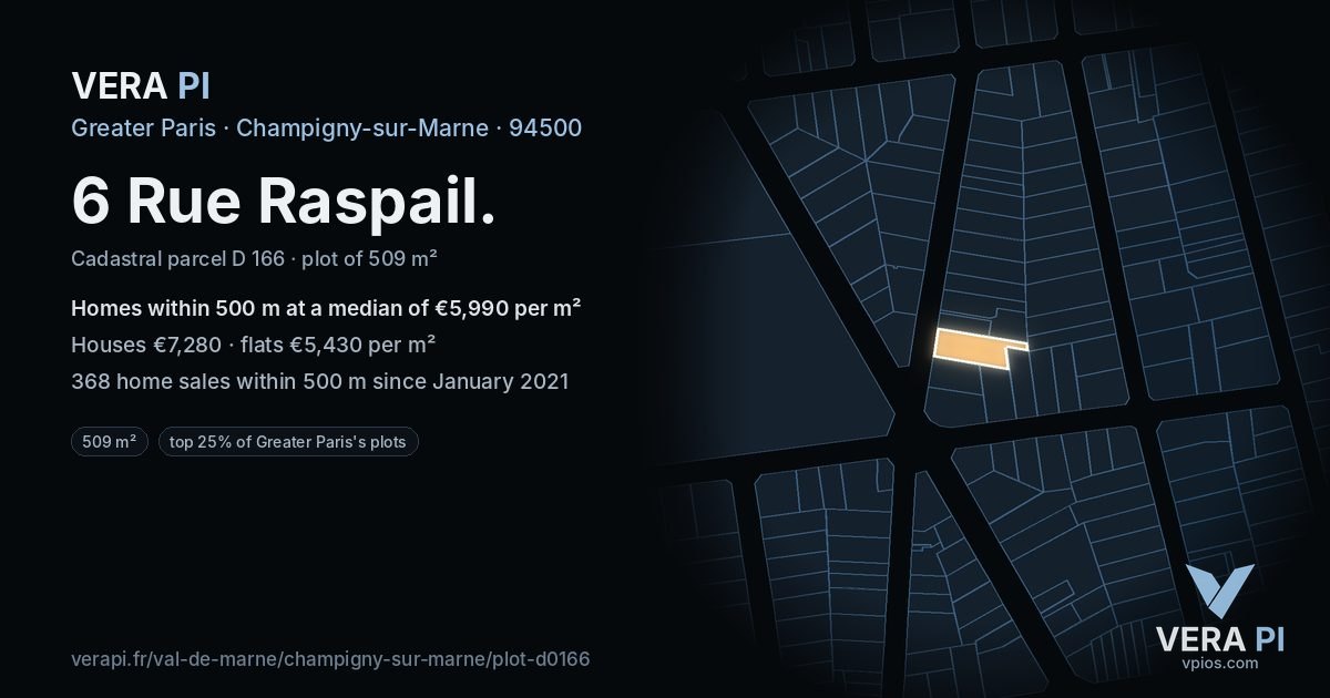 6 Rue Raspail, Champigny-sur-Marne at night – the plot lit, the parcels around coloured by the prices near them