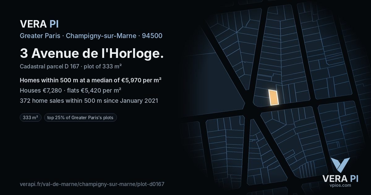 3 Avenue de l'Horloge, Champigny-sur-Marne at night – the plot lit, the parcels around coloured by the prices near them