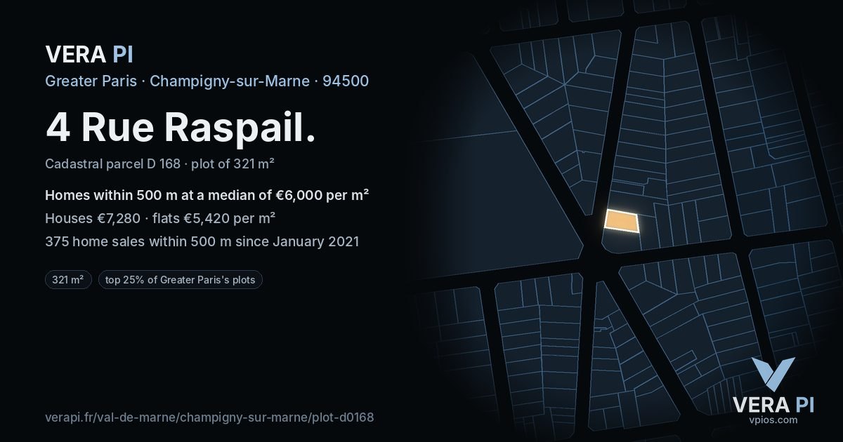 4 Rue Raspail, Champigny-sur-Marne at night – the plot lit, the parcels around coloured by the prices near them
