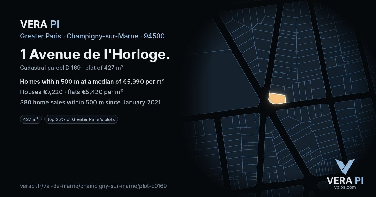 1 Avenue de l'Horloge, Champigny-sur-Marne at night – the plot lit, the parcels around coloured by the prices near them