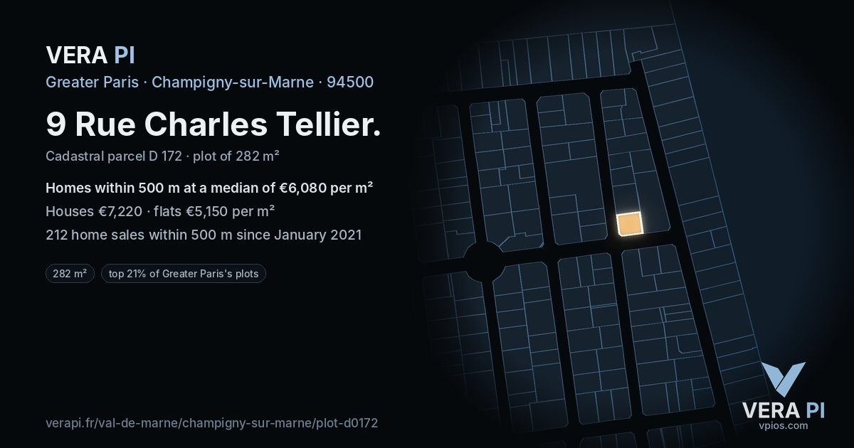 9 Rue Charles Tellier, Champigny-sur-Marne at night – the plot lit, the parcels around coloured by the prices near them
