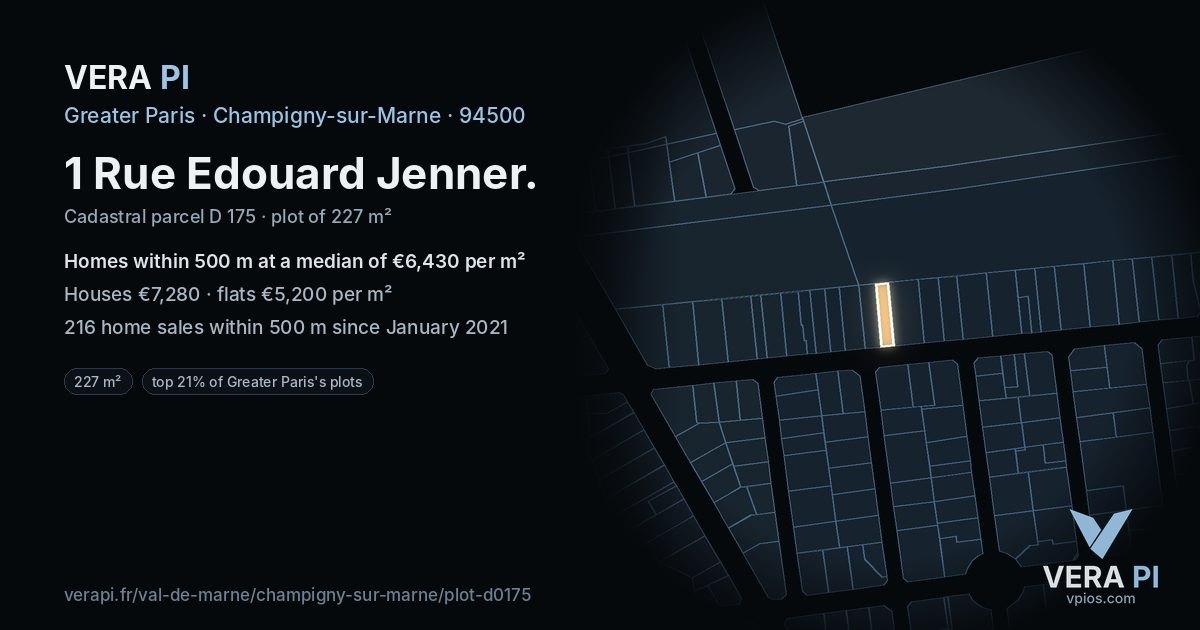 1 Rue Edouard Jenner, Champigny-sur-Marne at night – the plot lit, the parcels around coloured by the prices near them