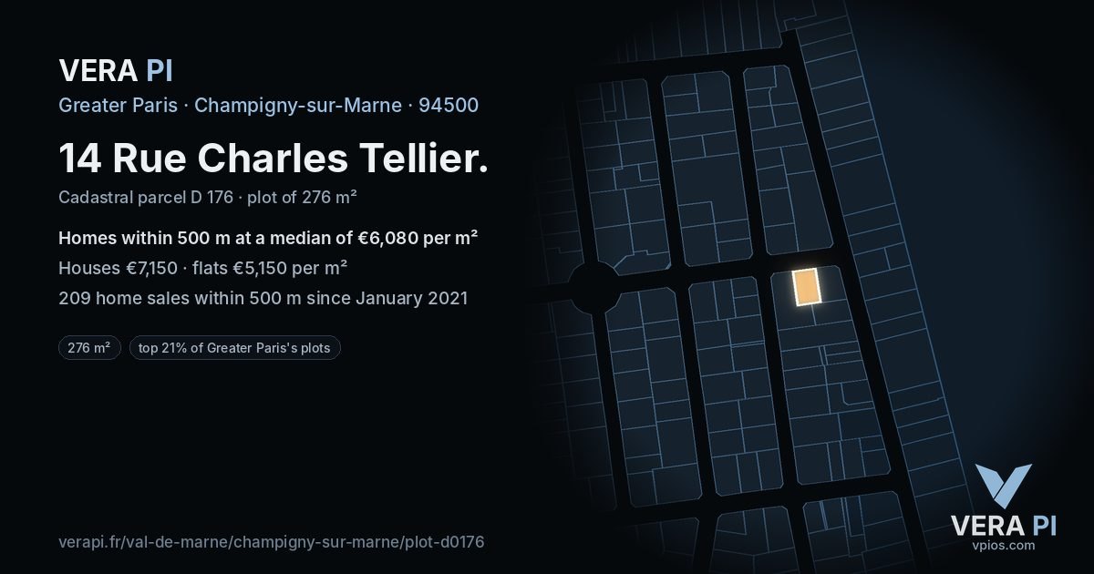 14 Rue Charles Tellier, Champigny-sur-Marne at night – the plot lit, the parcels around coloured by the prices near them