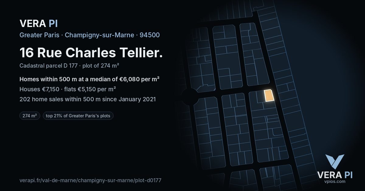 16 Rue Charles Tellier, Champigny-sur-Marne at night – the plot lit, the parcels around coloured by the prices near them