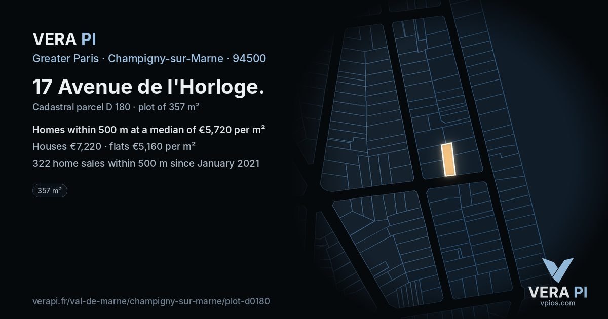 17 Avenue de l'Horloge, Champigny-sur-Marne at night – the plot lit, the parcels around coloured by the prices near them
