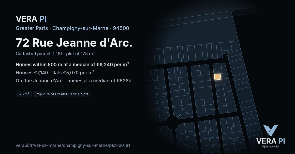 72 Rue Jeanne d'Arc, Champigny-sur-Marne at night – the plot lit, the parcels around coloured by the prices near them