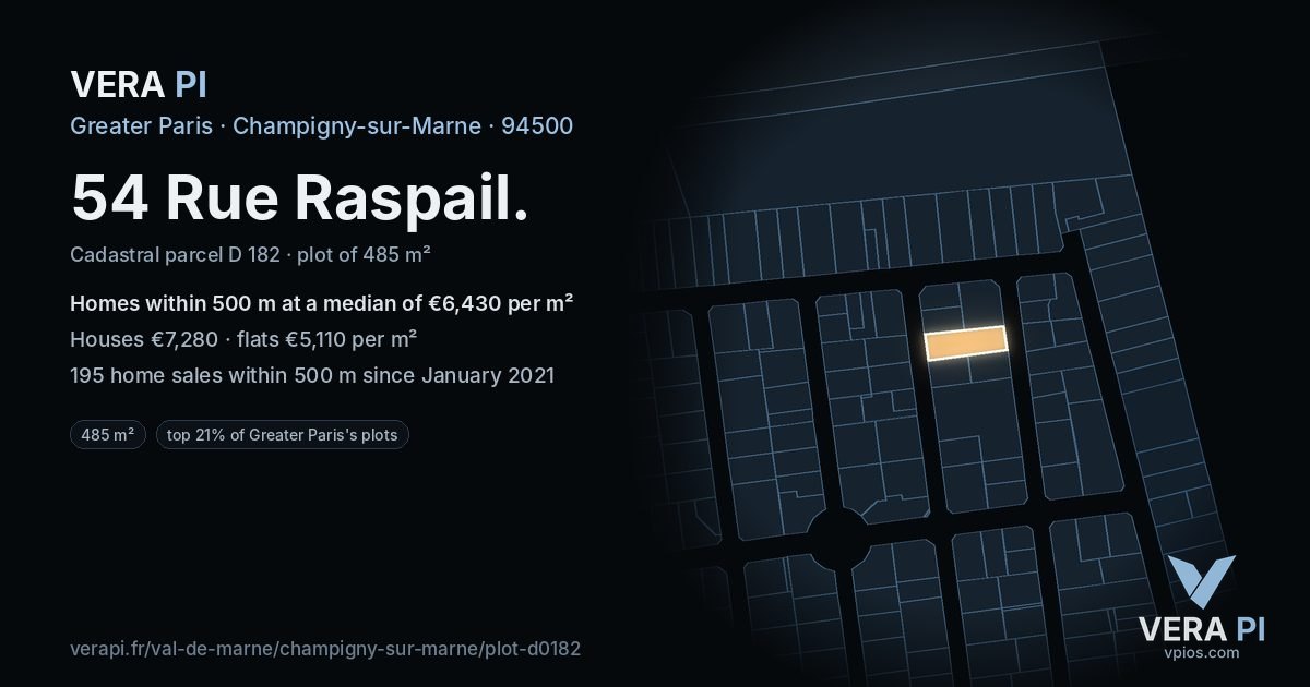 54 Rue Raspail, Champigny-sur-Marne at night – the plot lit, the parcels around coloured by the prices near them