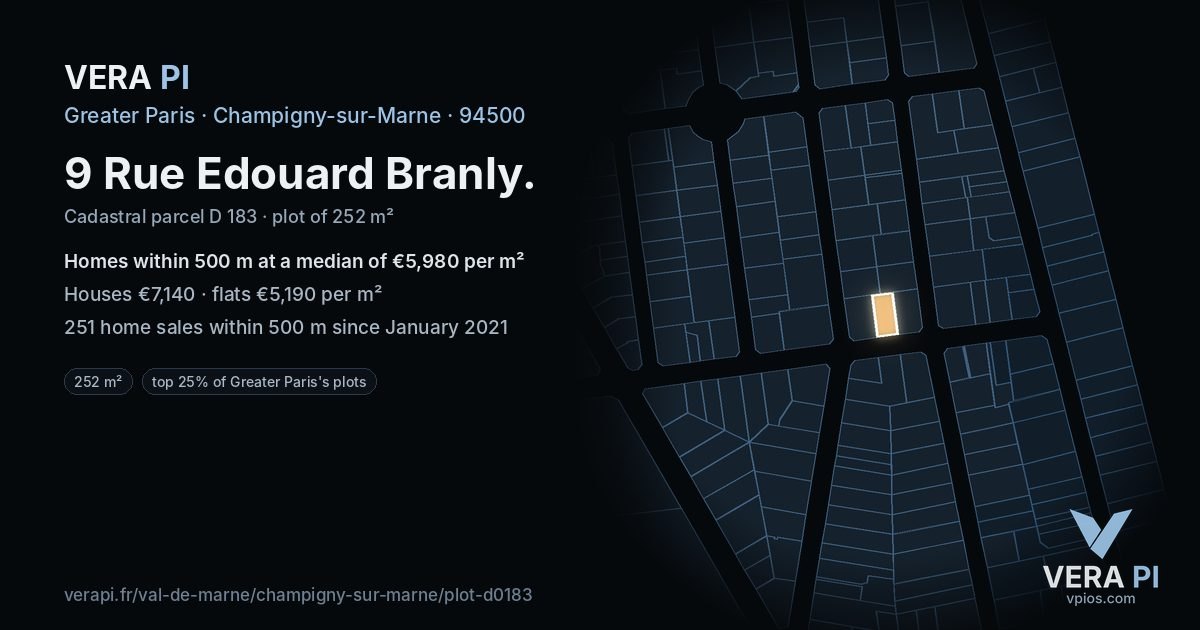 9 Rue Edouard Branly, Champigny-sur-Marne at night – the plot lit, the parcels around coloured by the prices near them