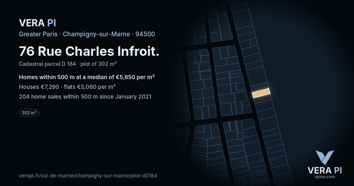 76 Rue Charles Infroit, Champigny-sur-Marne at night – the plot lit, the parcels around coloured by the prices near them