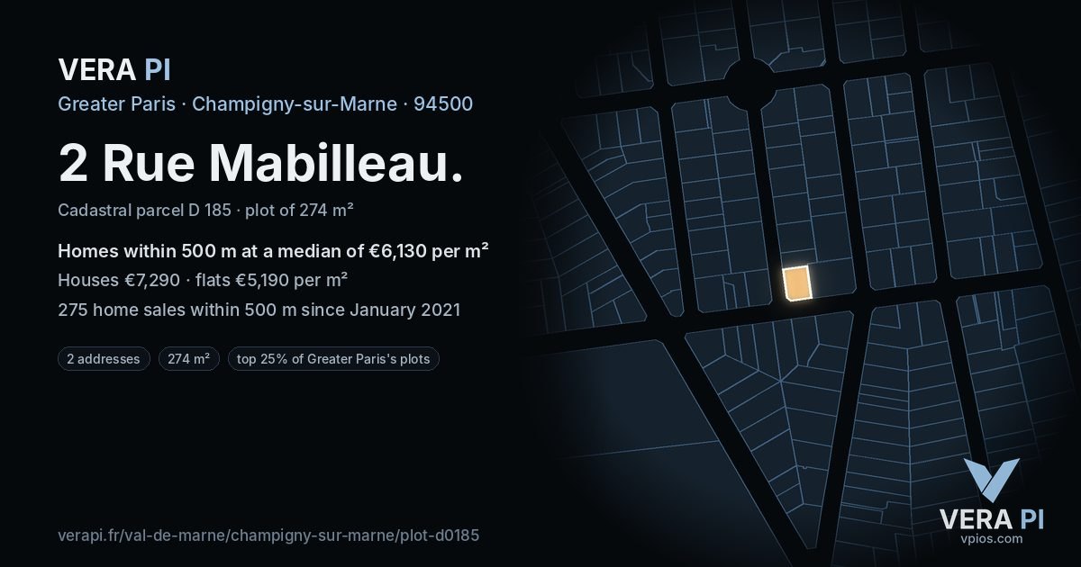 2 Rue Mabilleau, Champigny-sur-Marne at night – the plot lit, the parcels around coloured by the prices near them