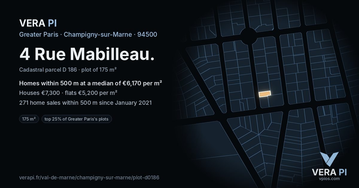 4 Rue Mabilleau, Champigny-sur-Marne at night – the plot lit, the parcels around coloured by the prices near them