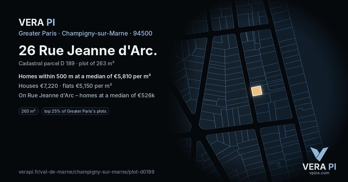 26 Rue Jeanne d'Arc, Champigny-sur-Marne at night – the plot lit, the parcels around coloured by the prices near them