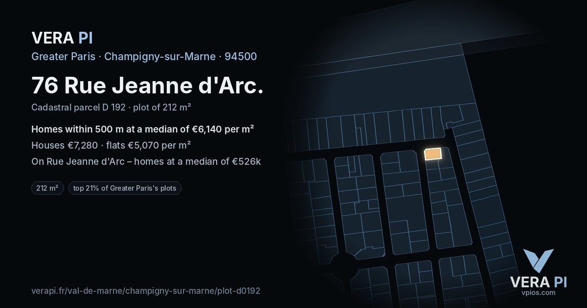 76 Rue Jeanne d'Arc, Champigny-sur-Marne at night – the plot lit, the parcels around coloured by the prices near them