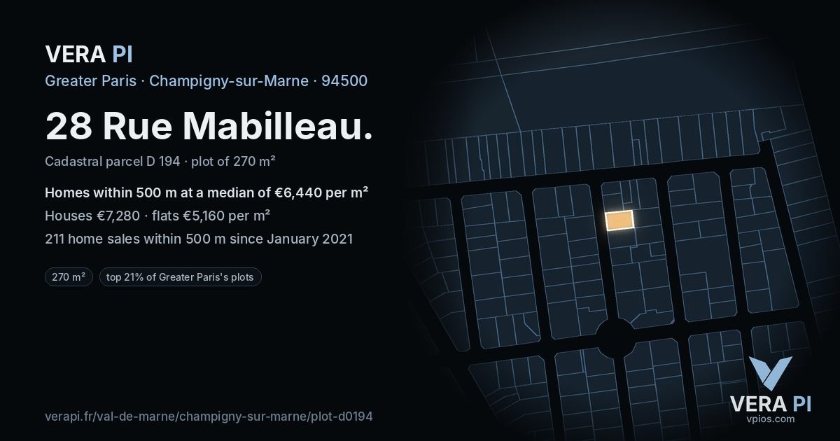 28 Rue Mabilleau, Champigny-sur-Marne at night – the plot lit, the parcels around coloured by the prices near them