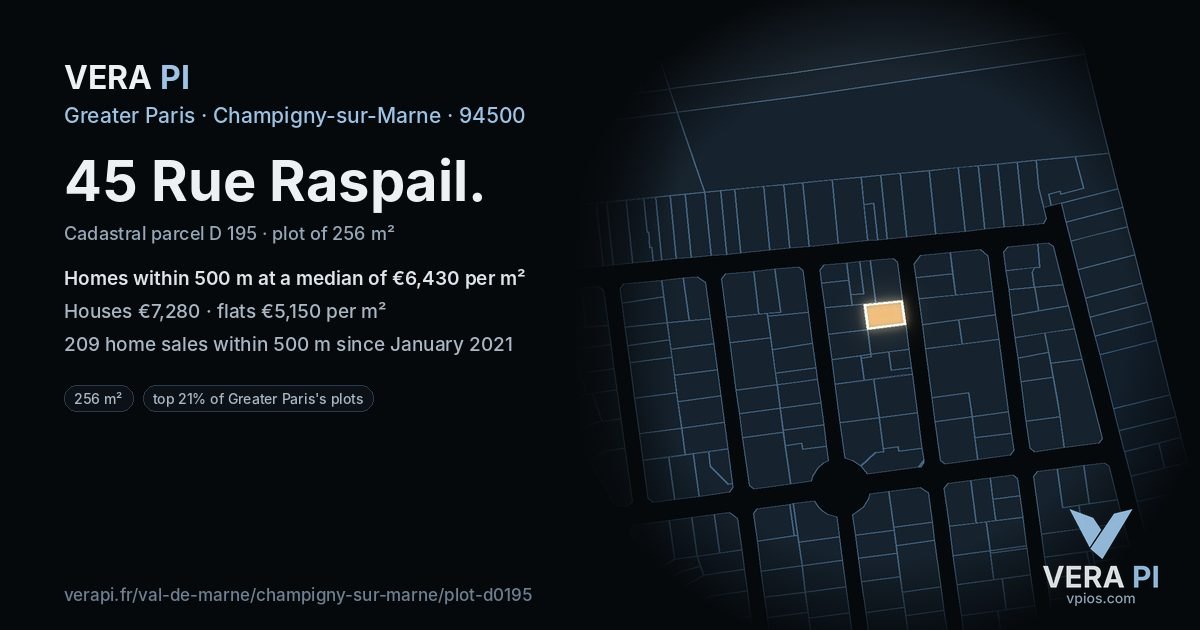 45 Rue Raspail, Champigny-sur-Marne at night – the plot lit, the parcels around coloured by the prices near them