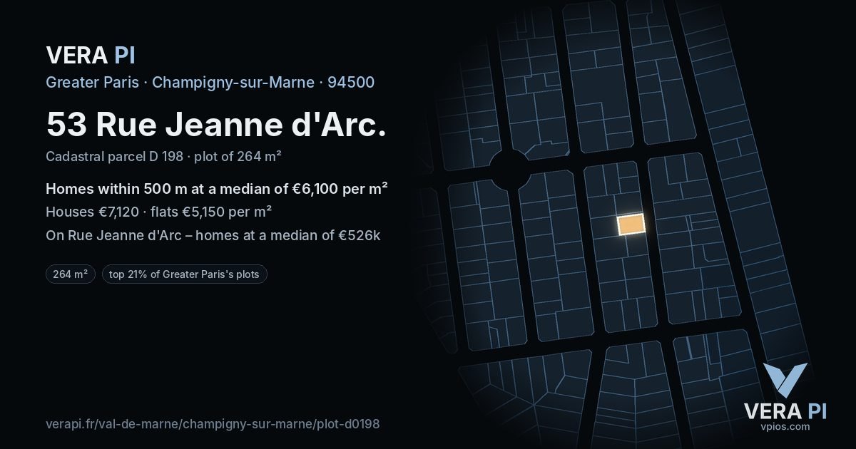 53 Rue Jeanne d'Arc, Champigny-sur-Marne at night – the plot lit, the parcels around coloured by the prices near them