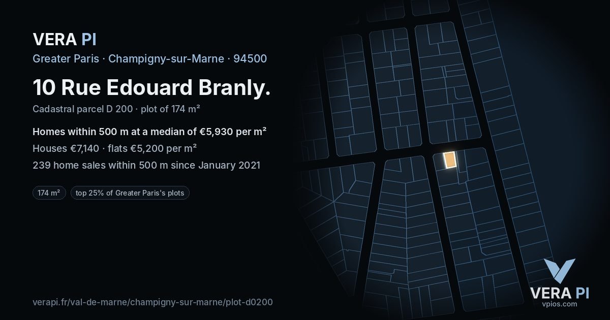 10 Rue Edouard Branly, Champigny-sur-Marne at night – the plot lit, the parcels around coloured by the prices near them