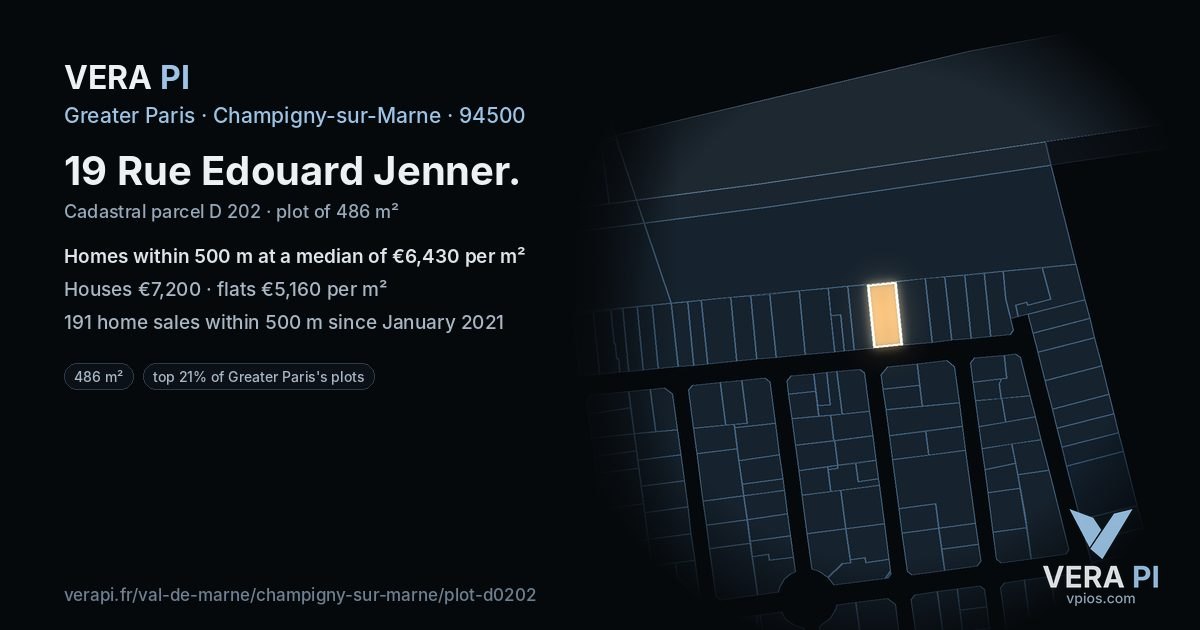 19 Rue Edouard Jenner, Champigny-sur-Marne at night – the plot lit, the parcels around coloured by the prices near them