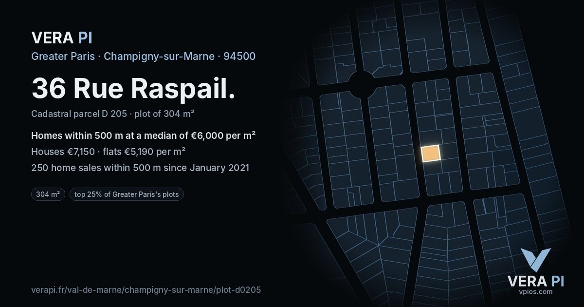 36 Rue Raspail, Champigny-sur-Marne at night – the plot lit, the parcels around coloured by the prices near them