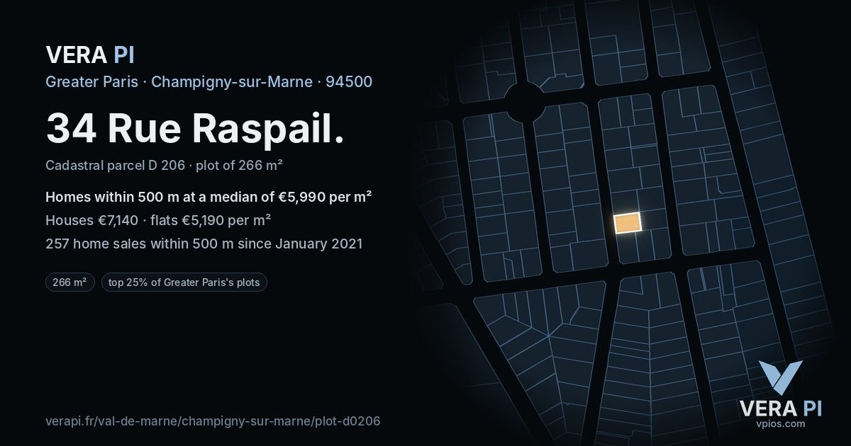 34 Rue Raspail, Champigny-sur-Marne at night – the plot lit, the parcels around coloured by the prices near them