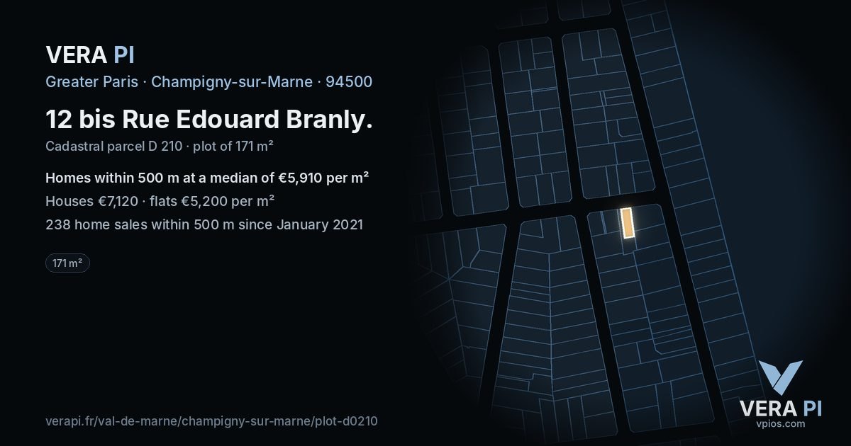 12 bis Rue Edouard Branly, Champigny-sur-Marne at night – the plot lit, the parcels around coloured by the prices near them