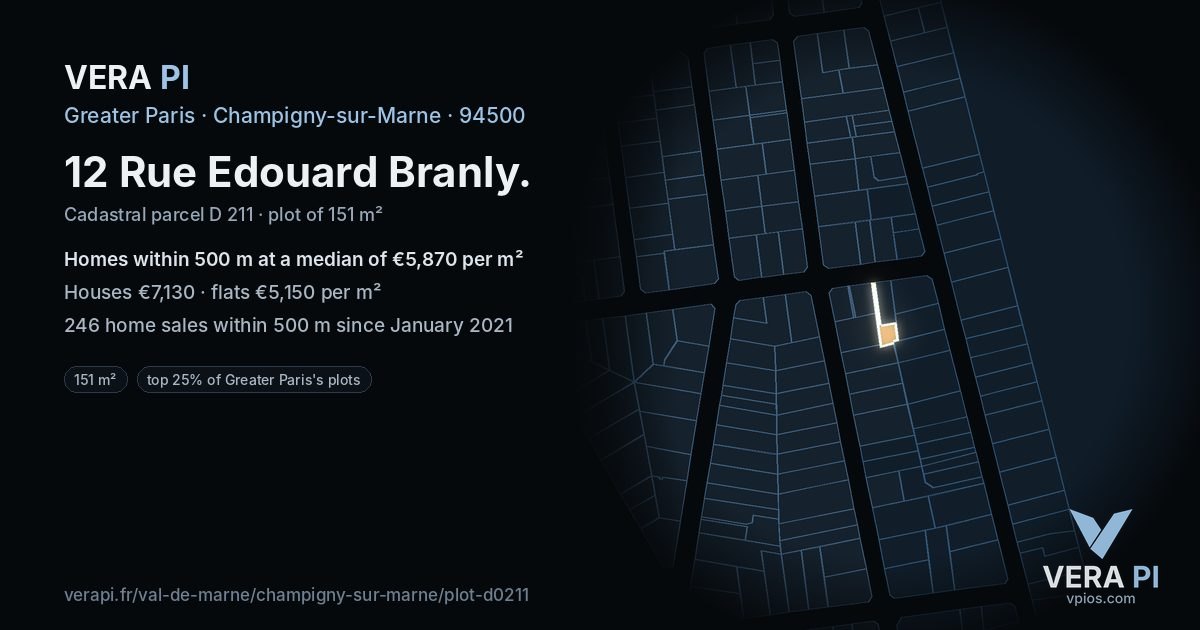 12 Rue Edouard Branly, Champigny-sur-Marne at night – the plot lit, the parcels around coloured by the prices near them
