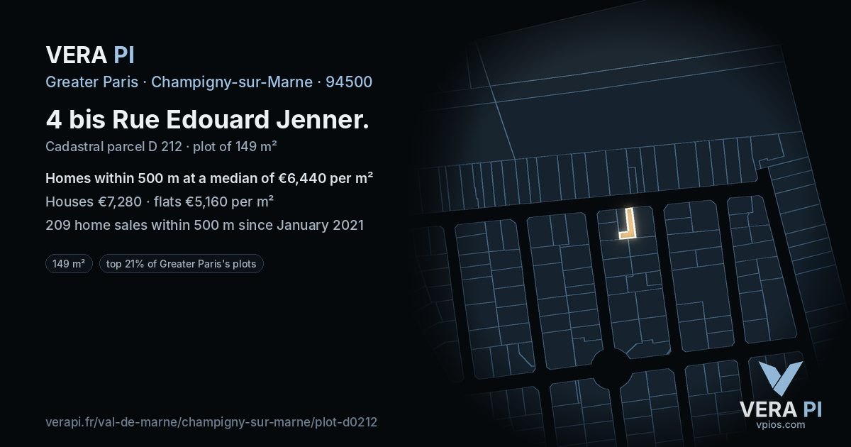 4 bis Rue Edouard Jenner, Champigny-sur-Marne at night – the plot lit, the parcels around coloured by the prices near them