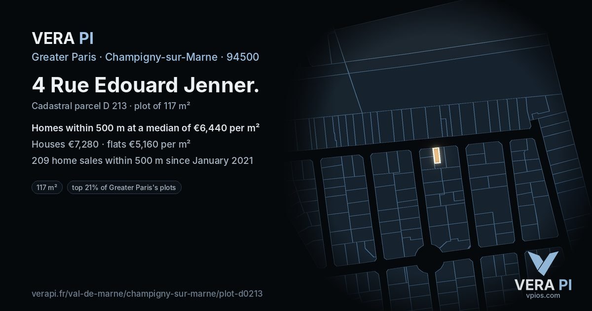 4 Rue Edouard Jenner, Champigny-sur-Marne at night – the plot lit, the parcels around coloured by the prices near them