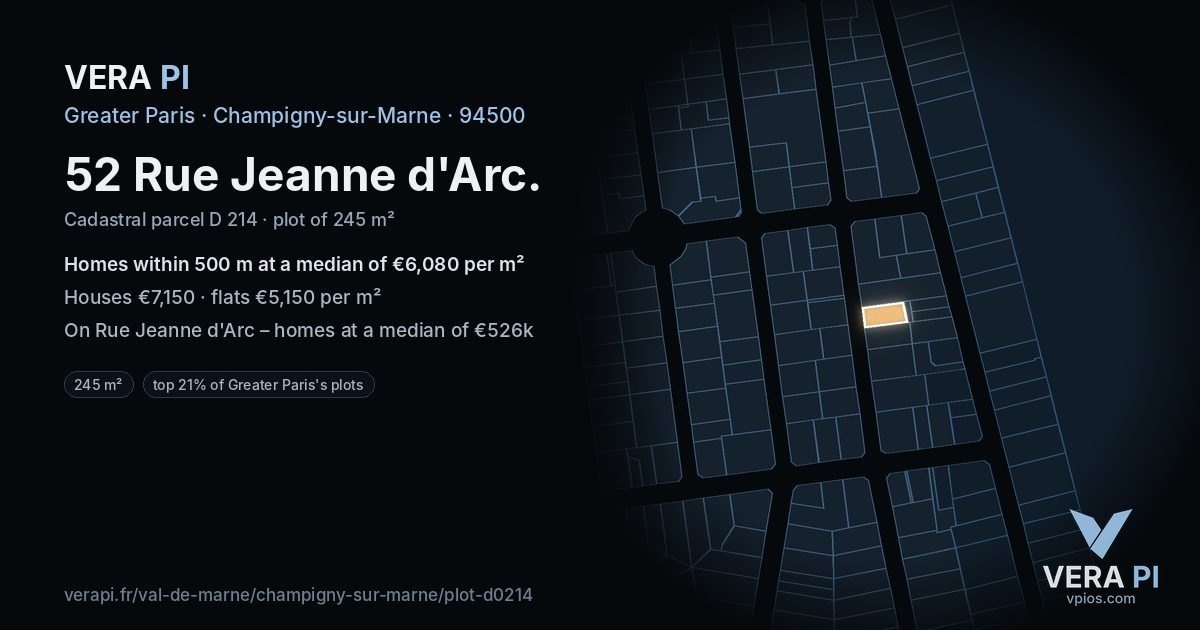 52 Rue Jeanne d'Arc, Champigny-sur-Marne at night – the plot lit, the parcels around coloured by the prices near them