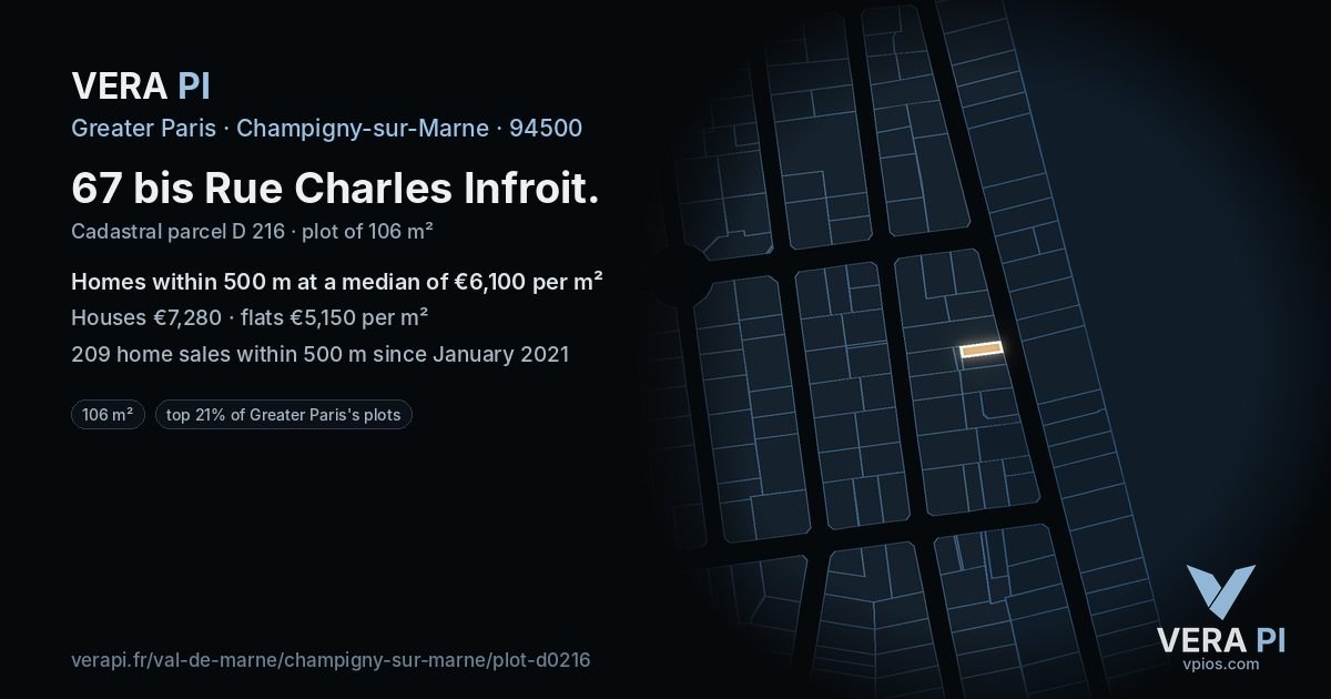 67 bis Rue Charles Infroit, Champigny-sur-Marne at night – the plot lit, the parcels around coloured by the prices near them