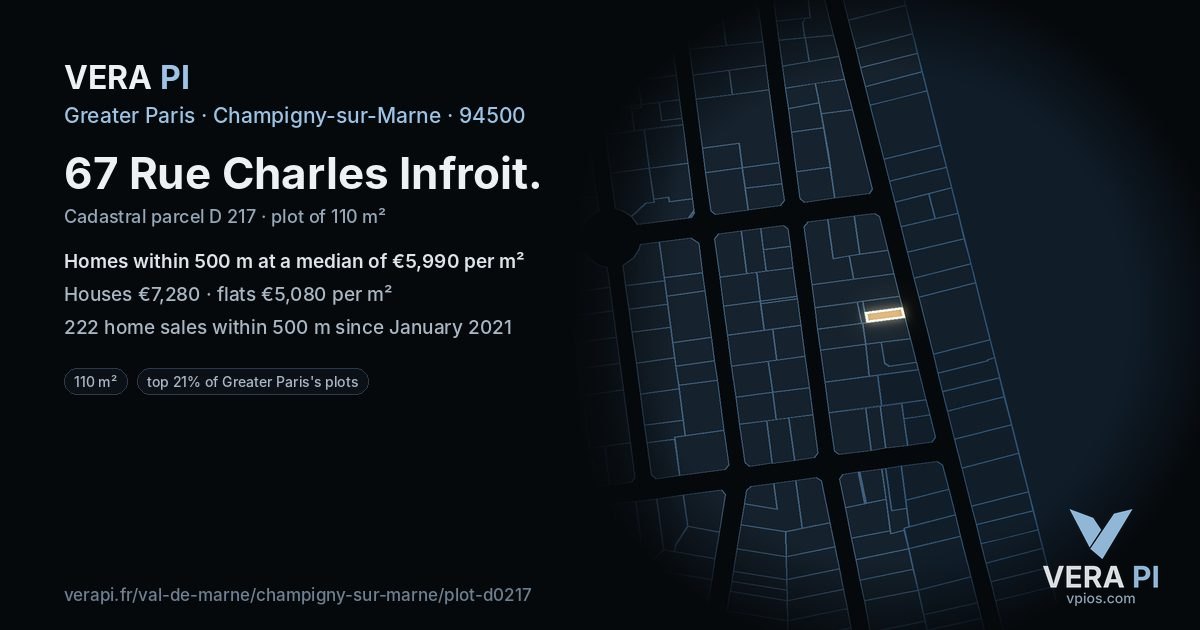 67 Rue Charles Infroit, Champigny-sur-Marne at night – the plot lit, the parcels around coloured by the prices near them