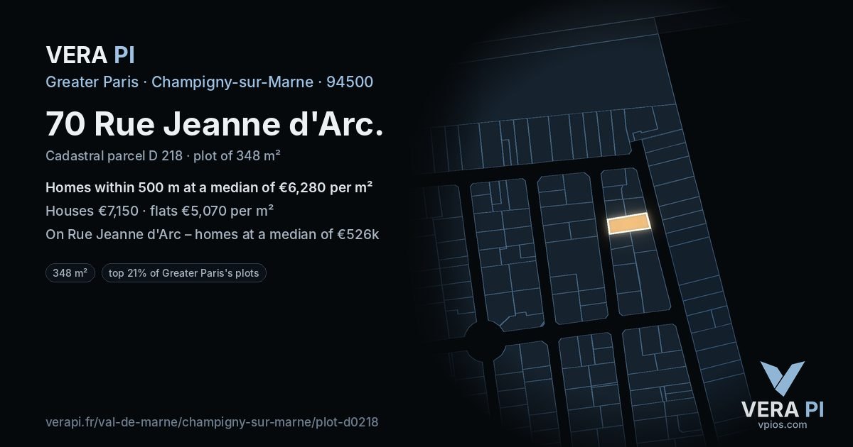 70 Rue Jeanne d'Arc, Champigny-sur-Marne at night – the plot lit, the parcels around coloured by the prices near them