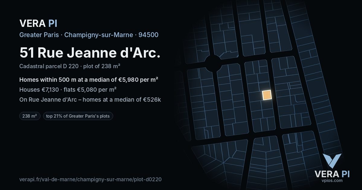 51 Rue Jeanne d'Arc, Champigny-sur-Marne at night – the plot lit, the parcels around coloured by the prices near them