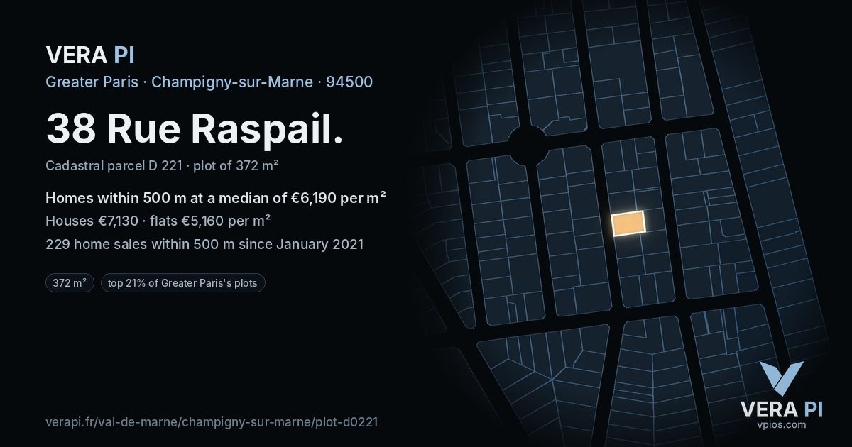 38 Rue Raspail, Champigny-sur-Marne at night – the plot lit, the parcels around coloured by the prices near them